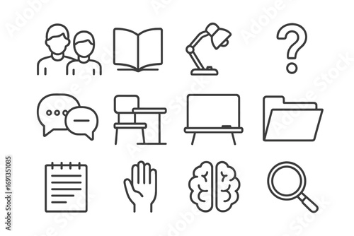 Peer Tutoring Icons. Outline icon set of peer tutoring: mentor icon, book, desk lamp, question mark, chat