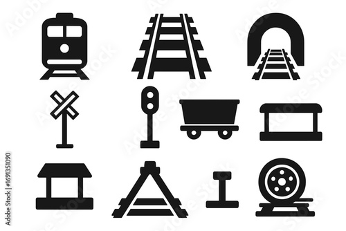 Railway icons set vector silhouette. Train. Track. Tunnel. Railroad crossing sign. Transportation symbols collection. Public transport. Travel. Freight. Cargo concept.