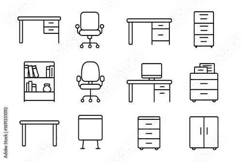 Office furniture outline icon collection with desks, chairs, shelves, drawers, cabinets, editable stroke vector set for infographics, articles, books, flyers, banners, workspace illustration