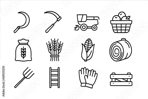 Harvest Tools Icons. Outline icon set of crop harvesting: sickle, scythe, combine harvester, basket of fruits,