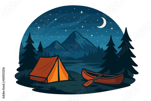 Night camping scene with tent and canoe by a lake. Mountain landscape under a starlit sky. Outdoor adventure, travel and wilderness exploration concept. Vector cartoon illustration.