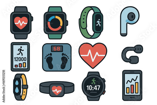 Vector icon set of wearable technology for fitness and health tracking. Smartwatch, activity band, heart rate monitor, scale, wireless earbuds. Flat design for sport gadgets.