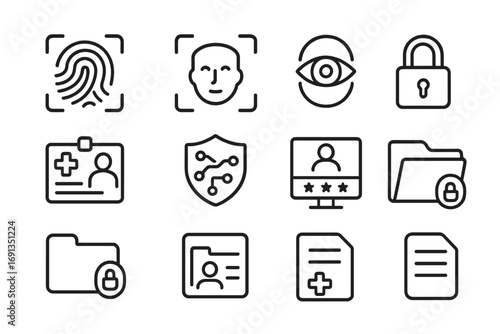 Biometric Healthcare Icons. Outline icon set of biometric access in healthcare: fingerprint, face ID, iris