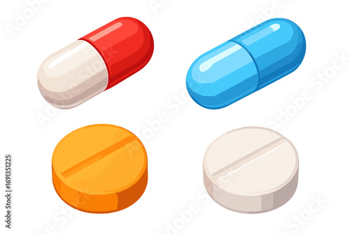 Colorful 3d medicine capsules and tablets set. Vector cartoon illustration of pharmacy drugs. Medical pills for treatment, antibiotic, or vitamin supplement. Healthcare design element.