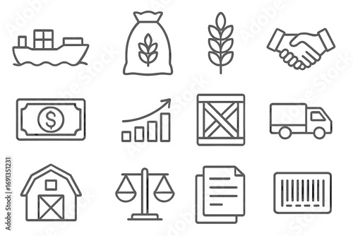 Agricultural Trade Icons. Outline icon set of agricultural trade: cargo ship, grain sack, wheat icon,