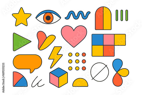 Set of colorful geometric shapes and abstract symbols. Playful doodle sticker pack with heart, eye, star, lightning bolt. Modern minimalist design elements in cartoon retro style.