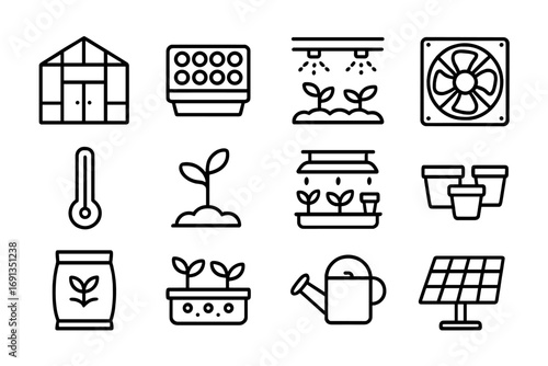 Greenhouse Farming Icons. Outline icon set of greenhouse farming: greenhouse, seed tray, irrigation system,