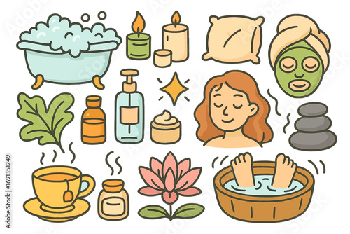 Self care doodle icon set. Vector cartoon illustration of relaxation, wellness and spa elements. Woman, bath, face mask, tea, candles for beauty and mental health routine.