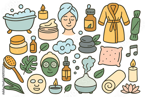 Self care doodle icon set for spa, beauty, and wellness. Vector cartoon illustration of relaxation, skincare, and bath elements. Hygge lifestyle and mindfulness concept pack.