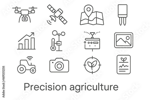 Precision Agriculture Icons. Outline icon set of precision agriculture: drone, satellite, GPS map, soil sensor