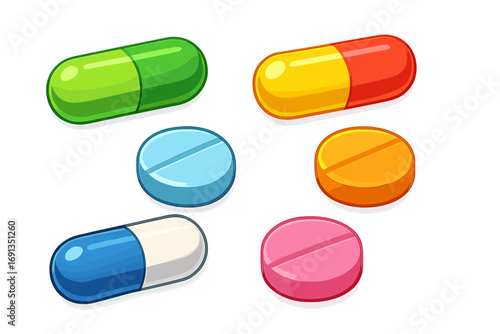Colorful cartoon medicine pills, capsules and tablets vector set. Pharmaceutical drug, vitamin, and antibiotic icons for medical, pharmacy and healthcare design concepts.