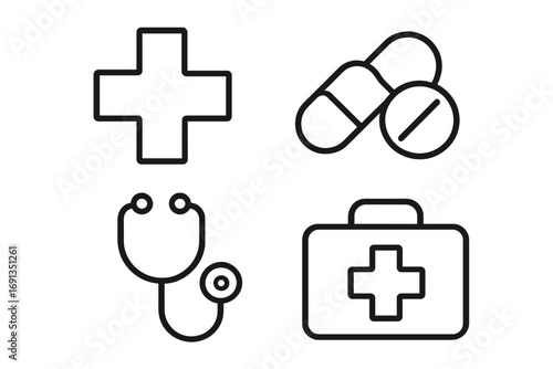 Set of medical line icons with editable stroke for healthcare and medical design, including medical cross, pills, stethoscope, first aid kit, ideal for websites, apps, cards, and health projects