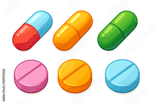 Medicine capsules and tablets vector set. Colorful 3d pills, drugs, vitamins illustration. Pharmacy and healthcare icons. Medical treatment. Pharmaceutical supplement, dose concept.