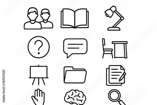 Peer Tutoring Icons. Outline icon set of peer tutoring: mentor icon, book, desk lamp, question mark, chat