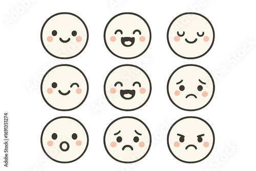 Cute kawaii emoji face set with different emotional expressions. Vector line art emoticon characters showing happy, sad, angry, and surprised moods. Cartoon illustration pack.