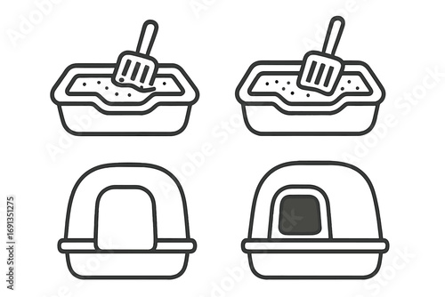 Cat litter box icon set. Simple line art illustration of pet toilet care. Vector icons of open sand tray with scoop and covered kitty potty house for domestic animal hygiene.