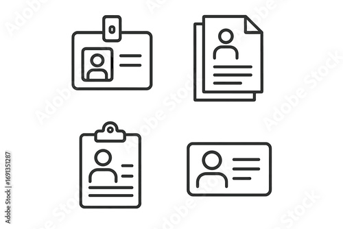 Minimalist line icons set of employee badge, identification documents, clipboard, ID card, editable stroke linear pictogram for business cards, apps, banners, posts, vector illustration