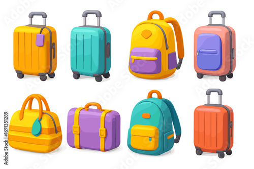 Colorful 3d luggage icon set for travel and vacation themes. Vector cartoon illustration of various bags, suitcases, and backpacks. Baggage collection for tourism and journey.