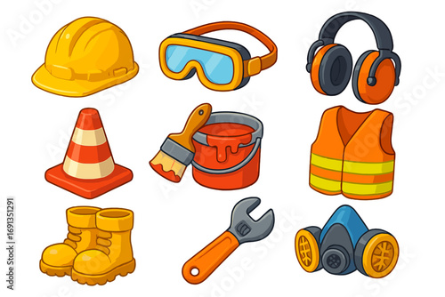Construction safety equipment icon set. Vector cartoon illustration of personal protective equipment for industrial work. Hard hat, goggles, vest, boots, respirator, tools.