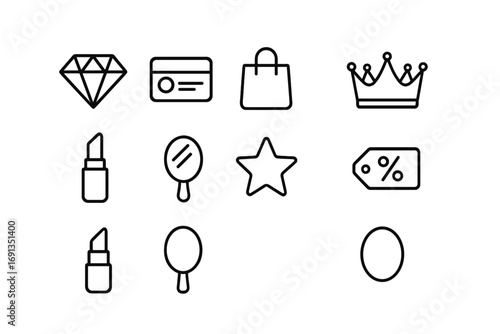 Salon Perks Icons. Outline icon set of exclusive salon perks: diamond icon, loyalty card, gift bag, crown,