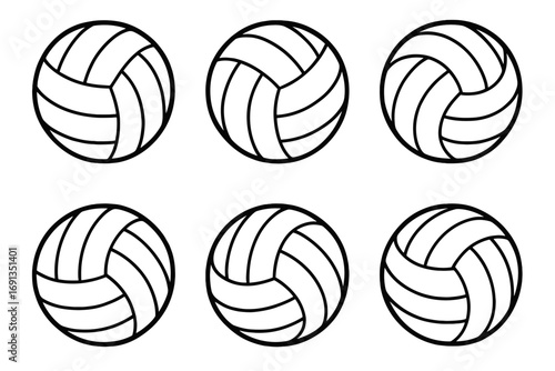 Volleyball line art vector icon set. Six simple black and white outline balls for sport. Collection of isolated graphic elements for beach volley game or team competition design.
