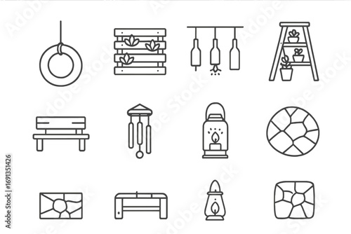 Upcycled Decor Icons. Outline icon set of outdoor upcycled decor: tire swing, pallet garden, bottle lights,