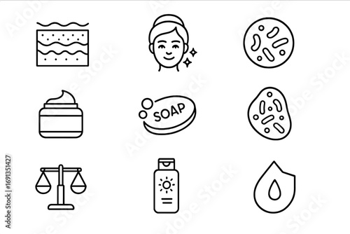 Skin Microbiome Icons. Outline icon set of skin microbiome: skin layer diagram, healthy skin face, bacteria