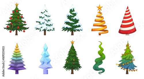 Collection of various stylized Christmas trees, each with unique designs and decorations, presented in a row.