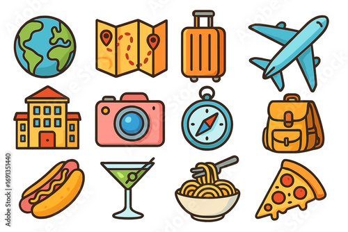 Colorful travel and food icon set. Vector cartoon illustration for tourism, journey, and culinary adventure. Includes globe, map, plane, hotel, camera, food, and drink symbols.