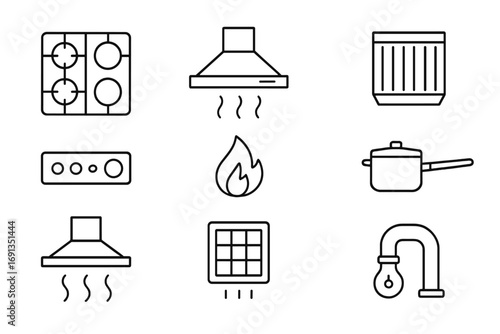 Stove and Hood Icons. Outline icon set of stove and hood integration: gas stove, induction hob, range hood,