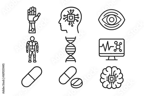 Human Enhancement Icons. Outline icon set of human enhancement technologies: bionic arm, neural implant,
