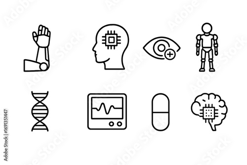 Human Enhancement Icons. Outline icon set of human enhancement technologies: bionic arm, neural implant,