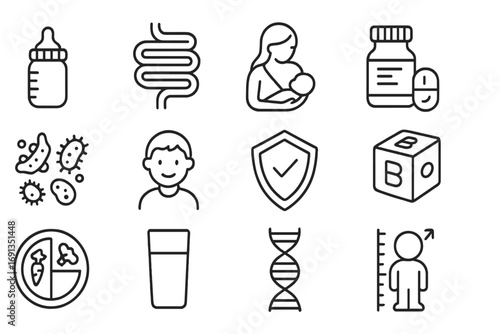 Children's Microbiome Icons. Outline icon set of children’s microbiome: baby bottle, intestine icon,