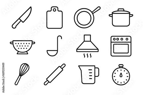 Cooking Gear Icons. Outline icon set of professional cooking gear: chef knife, chopping board, frying pan,