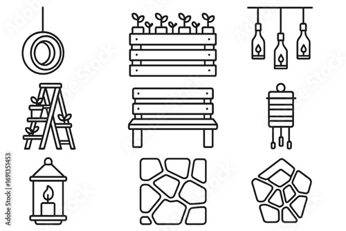 Upcycled Decor Icons. Outline icon set of outdoor upcycled decor: tire swing, pallet garden, bottle lights,