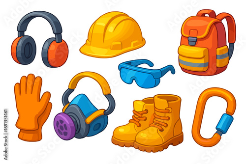 Colorful 3D safety equipment icons. Personal protective equipment (PPE) for workplace safety and construction. Vector set with hard hat, boots, gloves, and respirator.