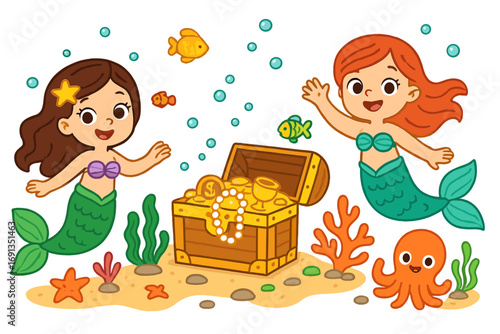 Two cute mermaids discover treasure chest. Underwater adventure ocean scene for kids. Cartoon fantasy characters with fish, octopus, gold coins. Vector clip art illustration.