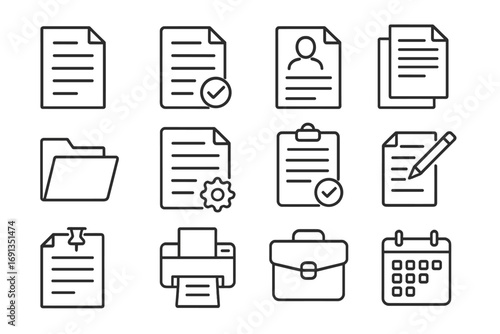 Paper job line icon pack, modern linear vector collection for design, websites, apps, business cards, documents, office work, resumes, folders, printing, briefcase, calendar, digital productivity