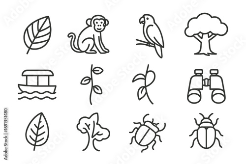Rainforest Exploration Icons. Outline icon set of rainforest exploration: jungle leaf, monkey, parrot, tree