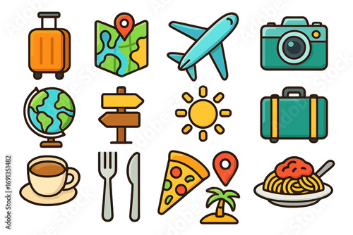 Travel and food icon set for vacation and culinary tourism. Vector line art symbols for journey, holiday, and adventure. Plane, map, camera, luggage, and food icons.