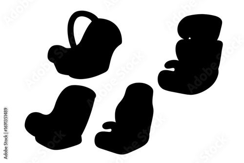 Silhouette set of child car seats in various styles and positions, baby safety seats vector illustration, child safety, car seat types, transparent background, ordered set for kids protection