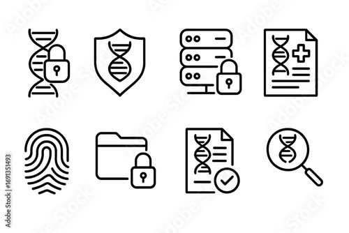 Genetic Data Security Icons. Outline icon set of privacy in genetic data: DNA lock, shield, secure server,