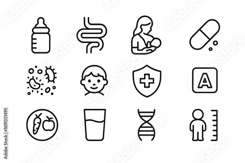 Children's Microbiome Icons. Outline icon set of children’s microbiome: baby bottle, intestine icon,