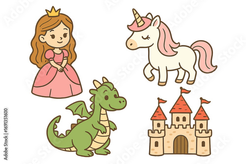 Cute cartoon fairy tale set with princess, unicorn, dragon, and castle. Vector illustration collection for kids. Fantasy magic characters and elements for storybook design.