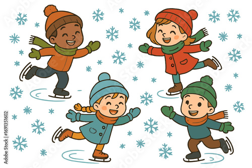 Kids ice skating winter fun. Happy children on ice rink with snowflakes. Cute cartoon vector illustration set for seasonal activity, sport, and diverse friendship concept.