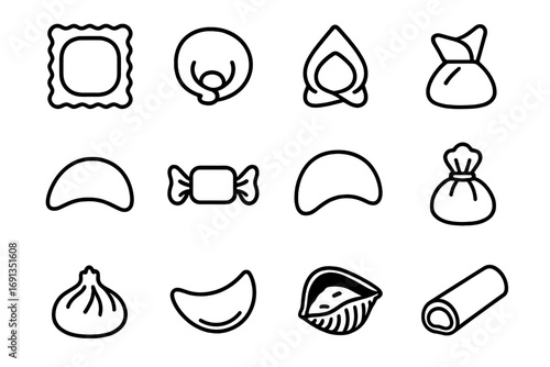 Stuffed Pasta Icons. Outline icon set of stuffed pasta: ravioli, tortellini, cappelletti, agnolotti, mezzelune