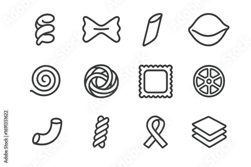 Pasta Pattern Icons. Outline icon set of pasta-inspired patterns: spiral motif, bow tie outline, penne tube,