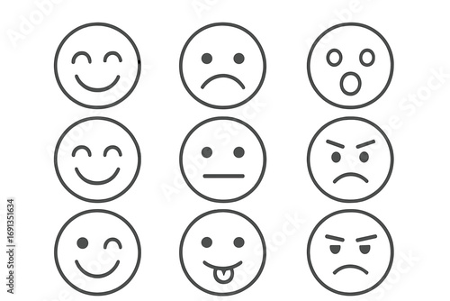 Simple line art emoji faces set with happy, sad, surprised, neutral, wink, angry expressions, cartoon style vector illustration, transparent background, ordered emotions collection