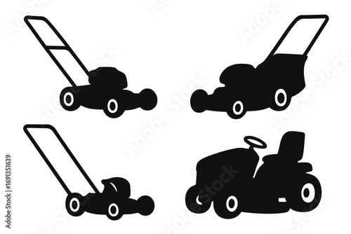Silhouette set of lawn mowers and garden tractors for landscaping equipment designs, vector cartoon illustration, precise lawn care tools, grass cutting machinery, transparent background