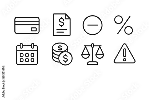 Debt Management Icons. Outline icon set of debt and loan management: credit card, loan document, minus sign,